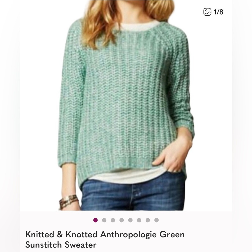 Anthropologie Knitted & Knotted Sparkly Metallic Green Sunstitch Sweater S